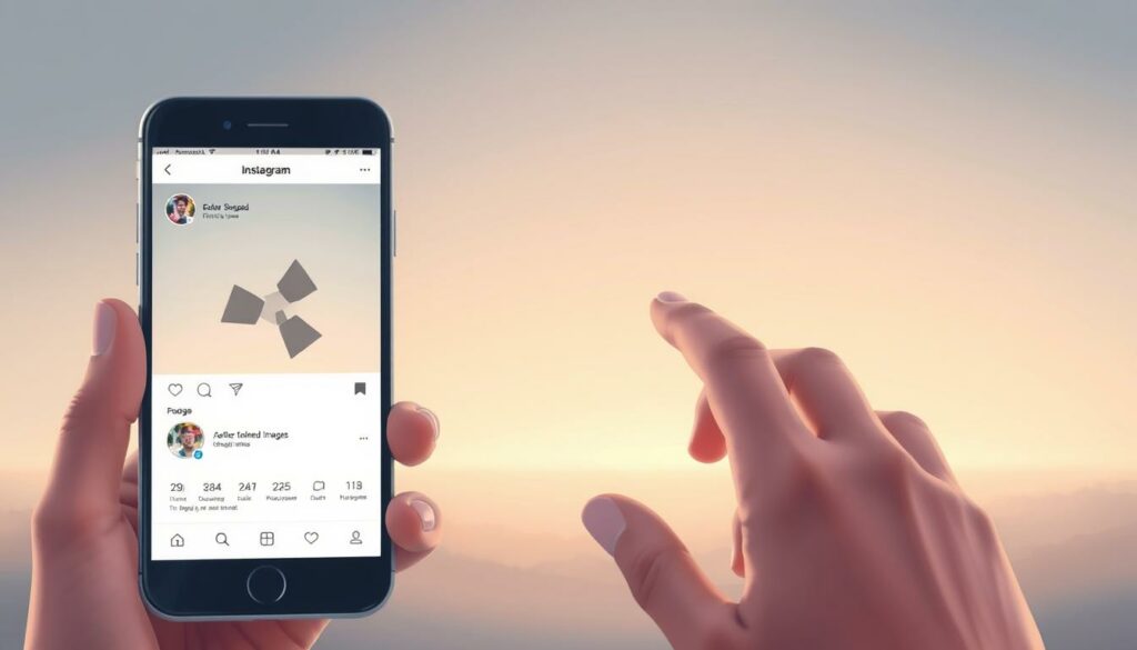 A detailed illustration showcasing the process of downloading an image from Instagram. In the foreground, a smartphone screen displays the Instagram app, with a selected image prominently featured. The middle ground depicts a hands reaching out, with delicate fingers gently tapping the screen to initiate the download process. The background is a serene, minimalist setting, with soft, diffused lighting casting a warm, inviting glow. The overall composition conveys a sense of simplicity, accessibility, and the seamless integration of technology into everyday life.