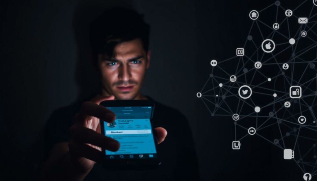 Slabo osvětlená místnost, kde jemné světlo obrazovky smartphonu osvětluje zmatený výraz. V popředí se ruka uživatele vznáší nad aplikací Instagram, přičemž z vrásčitého čela je patrná frustrace. Ve střední části je vidět rozhraní aplikace, kde je zvýrazněna sekce 'Zablokované' – vizuální metafora záhady zablokovaných účtů. V pozadí symbolizuje síť spletitých čar a ikon složitou síť propojení na sociálních médiích. Scéna vyvolává pocit nejistoty a touhu odhalit skryté mechanismy blokování na Instagramu.