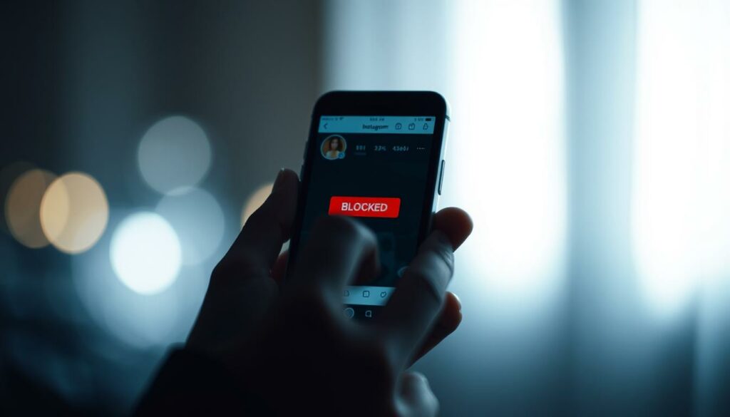 L'écran faiblement éclairé d'un smartphone affichant un profil Instagram avec une icône " Bloqué " estompée, qui diffuse une lueur subtile. Au premier plan, une main tient l'appareil, les doigts pointant discrètement vers le profil bloqué. L'arrière-plan est flou, suggérant un sentiment d'isolement et de déconnexion. L'éclairage est doux et tamisé, créant une atmosphère introspective. L'angle de prise de vue est légèrement surélevé, ce qui accentue la charge émotionnelle de la situation. La composition dans son ensemble traduit un sentiment de confusion, d'incertitude et la prise de conscience d'avoir été bloqué sur cette plateforme de réseau social.