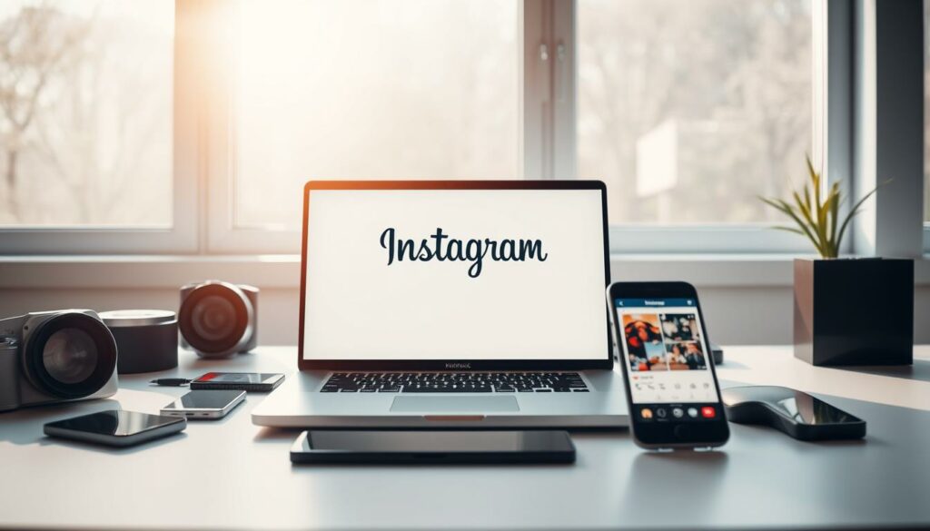 A minimalist desktop workspace with a laptop, smartphone, and various tech accessories arranged neatly. Bright, natural lighting filters through large windows, casting a warm glow on the scene. The laptop screen displays the Instagram logo, inviting the viewer to download images from the platform. The smartphone's screen shows an Instagram post, hinting at the content waiting to be saved. A sleek, modern aesthetic pervades the composition, suggesting an efficient, streamlined process for downloading Instagram images.