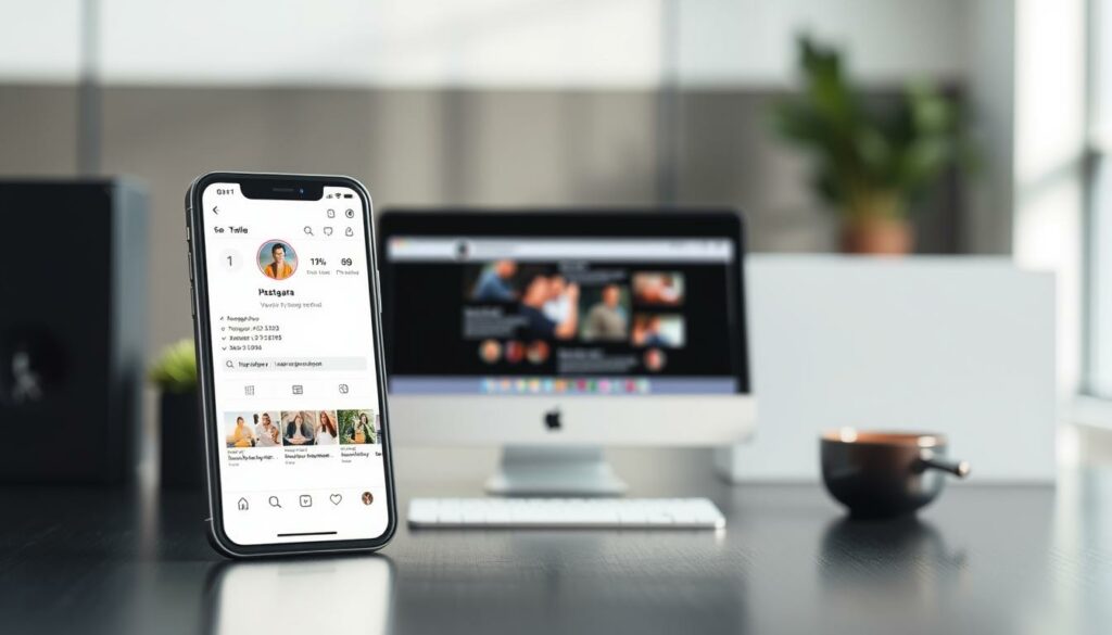 Un'interfaccia elegante e minimalista che raffigura la visualizzazione di un profilo Instagram. In primo piano, uno smartphone con un display nitido e ad alta risoluzione mostra un profilo Instagram, completo di foto del profilo, nome utente e feed dei contenuti. In secondo piano si nota un ambiente stilizzato, simile a quello di un computer desktop, caratterizzato da linee pulite e da una palette di colori monocromatica e delicata. Lo sfondo è una rappresentazione leggermente sfocata di uno spazio di lavoro moderno e tecnologico, che trasmette un senso di immersione digitale. L’illuminazione è naturale e diffusa, creando un bagliore morbido e d’atmosfera. L’atmosfera generale è improntata a efficienza e raffinatezza, in linea con il tema "Comprendere le visualizzazioni dei profili Instagram".