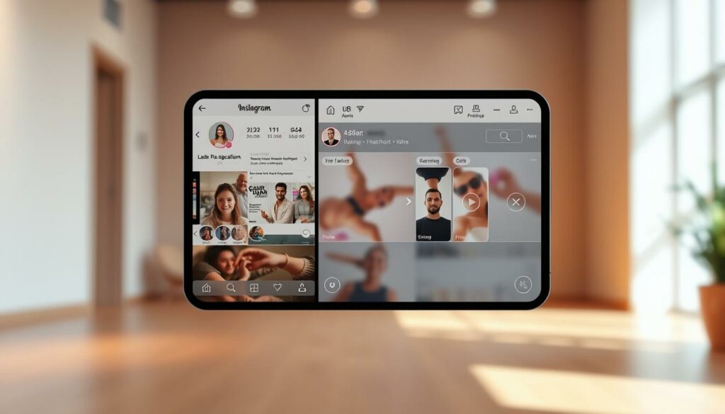 Antarmuka Instagram dengan kontrol navigasi yang intuitif, menampilkan tata letak yang seimbang antara bagian-bagian aplikasi, gambar mini profil, dan elemen interaktif. Ditampilkan dalam suasana yang hangat dan modern dengan pencahayaan lembut yang terarah, yang menghadirkan kesan kenyamanan dan kemudahan akses. Visual yang tajam dan beresolusi tinggi dengan fokus pada desain yang ramah pengguna, menyoroti pentingnya navigasi yang lancar untuk pengalaman Instagram yang menarik.