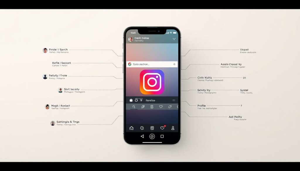Menjelajahi Fitur Navigasi Instagram: Diagram interaktif dan terperinci yang menampilkan elemen-elemen navigasi utama pada platform Instagram. Dengan latar belakang yang lembut dan kalem, elemen-elemen antarmuka ditampilkan dalam gaya minimalis dan elegan, dengan penekanan pada garis-garis yang rapi dan gradasi warna yang halus. Di bagian depan, bilah navigasi utama ditampilkan secara menonjol, dilengkapi dengan ikon untuk Beranda, Pencarian, Reels, Aktivitas, dan Profil. Di sekelilingnya terdapat menu navigasi tambahan, pengaturan, dan kontrol, yang semuanya disajikan dengan cara yang sangat intuitif dan ramah pengguna. Tampilan keseluruhan memberikan kesan kesederhanaan dan kemudahan penggunaan, mengajak pengguna untuk menjelajahi berbagai fitur pengalaman Instagram dengan lancar.